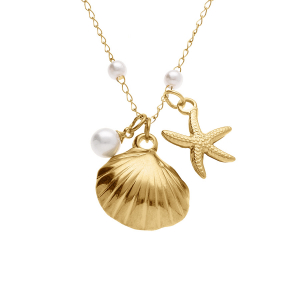 COLLIER ACIER DORÉ COQUILLAGE, ETOILE DE MER ET PERLES BLANCHES IMITATION   41.5+5.5CM