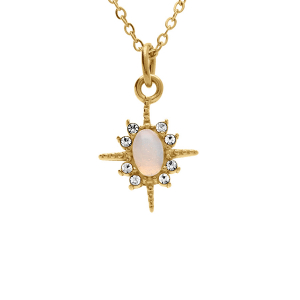 COLLIER ACIER DORÉ PERLE OVALE IMITATION CONTOUR OXYDES BLANCS
