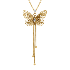 COLLIER ACIER DORÉ PENDENTIF PAPILLON OXYDE BLANC ET PENDANT 3 FILS  45+5CM