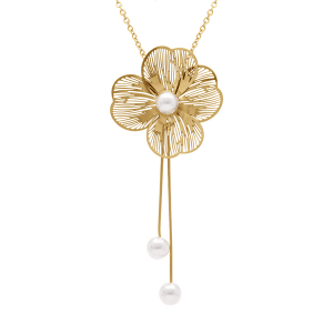 COLLIER ACIER DORÉ PENDENTIF FLEUR PERLES BLANCHES IMITATION PENDANT 3 FILS 45+5CM