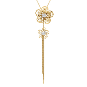 COLLIER ACIER DORÉ DOUBLE FLEUR OXYDE BLANC PENDANT 3 FILS  45+5CM