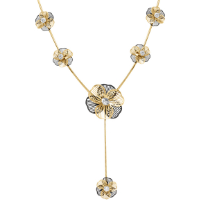COLLIER ACIER DORÉ FORME Y  6 FLEURS OXYDES BLANCS 45+5CM