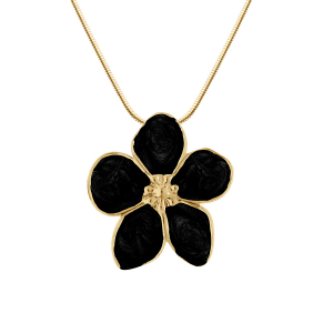 COLLIER ACIER DORÉ STELLA MIA NACRÉ NOIR PENDENTIF FLEUR 41+5CM