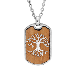 COLLIER ACIER ET BOIS ARBRE DE VIE 50+5CM