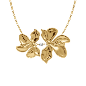 COLLIER ACIER DORÉ DOUBLE FLEUR 40MM  1 OXYDE BLANC SERTI   43+5CM