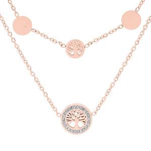 COLLIER ACIER ET PVD ROSE 2 RANGS PASTILLES AVEC ARBRE DE VIE 40+5CM