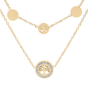 COLLIER ACIER ET PVD DORÉ 2 RANGS PASTILLES AVEC ARBRE DE VIE 40+5CM