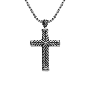COLLIER ACIER  CHAINE JASERON AVEC PENDENTIF GROSSE CROIX 38X25MM  55+10CM
