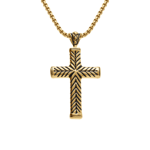 COLLIER ACIER ET PVD DORÉ CHAINE JASERON AVEC PENDENTIF GROSSE CROIX 38X25MM  55+10CM