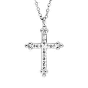 COLLIER ACIER CROIX  dim 17x 3 mm RÉSINE BLANCHE ET PIERRES BLANCHES SYNTHETIQUE 45+5CM
