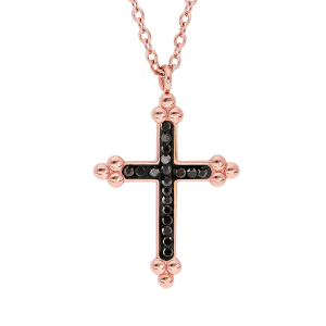 COLLIER ACIER ET PVD ROSE CROIX dim 17x 3 mm  RÉSINE NOIRE ET PIERRES NOIRES SYNTHETIQUE 45+5CM