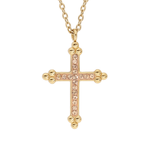 COLLIER ACIER ET PVD DORÉ CROIX RÉSINE CHAMPAGNE ET PIERRES CHAMPAGNE SYNTHETIQUE 45+5CM