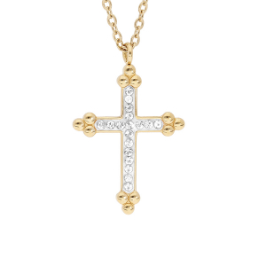 COLLIER ACIER ET PVD DORÉ CROIX  dim 17x 3 mm  RÉSINE CHAMPAGNE ET PIERRES CHAMPAGNE SYNTHETIQUE 45+5CM