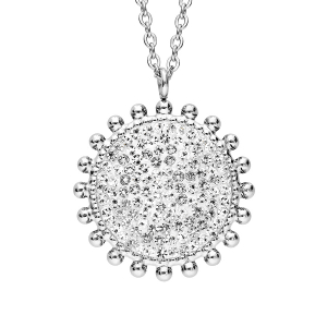 COLLIER ACIER PENDENTIF ROND PIERRES BLANCHES SYNTHETIQUE ET RÉSINE BLANCHE 45+5CM