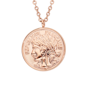 COLLIER ACIER ET PVD ROSE  PENDENTIF STYLE PIECE DE MONNAIE 40+5CM