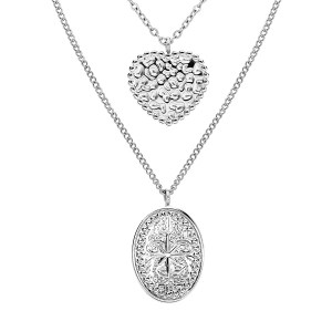 COLLIER ACIER DOUBLE CHAINE AVEC PENDENTIF COEUR ET OVALE ETOILE  50+5CM