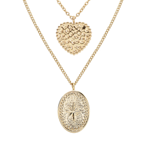 COLLIER ACIER ET PVD DORÉ DOUBLE CHAINE AVEC PENDENTIF COEUR ET OVALE ETOILE 50+5CM
