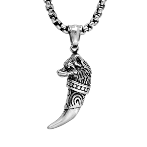 COLLIER ACIER PENDENTIF CORNE ET TETE DE LOUP VIEILLI 55CM