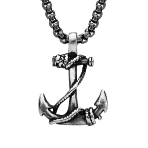 COLLIER ACIER CHAINE JASERON PATINÉE PENDENTIF ANCRE MARINE 55CM