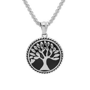 COLLIER ACIER CHAINE JASERON PATINÉE PENDENTIF ARBRE DE VIE VIEILLI 55CM