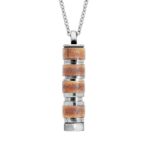 COLLIER ACIER PENDENTIF TUBE ECROU BOIS NATUREL 50+5CM