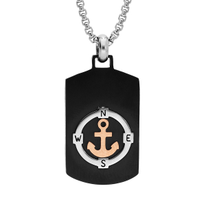 COLLIER ACIER PENDENTIF RECTANGULAIRE PVD NOIR AVEC ANCRE MARINE PVD ROSE 50CM RÉGLABLE 45