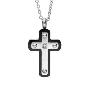 COLLIER ACIER PENDENTIF CROIX CONTOUR PVD NOIR 46+5CM