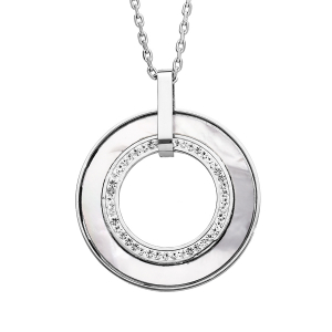 COLLIER ACIER CERCLE NACRE BLANCHE IMITATION ET STRASS BLANCS 42+3CM