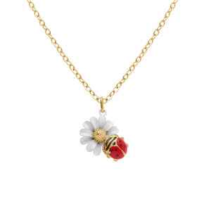 COLLIER ACIER DORÉ FLEUR ET COCCINELLE 35+3CM