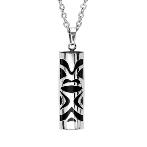 COLLIER ACIER PENDENTIF TIKI 30 mm diam 9  AGATE NOIRE VÉRITABLE 50+5CM
