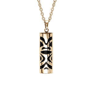 COLLIER ACIER ET PVD DORÉ  PENDENTIF TIKI  30 mm diam 9 AGATE NOIRE VÉRITABLE 50+5CM
