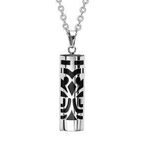 COLLIER ACIER PENDENTIF TIKI 30 mm diam 9  AGATE NOIRE VÉRITABLE 50+5CM
