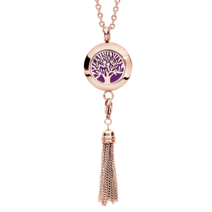 COLLIER SENTEUR ACIER ET PVD ROSE PETIT MEDAILLON ARBRE DE VIE ET POMPON 12 MOUSSES INTERCHANGEABLES COULEURS ASSORTIES RÉGLABLE 45 A 65CM