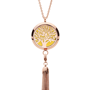 COLLIER SENTEUR ACIER ET PVD ROSE GROS MEDAILLON ARBRE DE VIE ET POMPON 12 MOUSSES INTERCHANGEABLES COULEURS ASSORTIES  RÉGLABLE 45 A 65CM