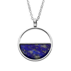 COLLIER ACIER PENDENTIF CERCLE PIERRE LAPIS LAZULI VÉRITABLE   38+7CM