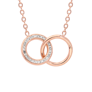 COLLIER ACIER ET PVD ROSE DOUBLE CERCLE OXYDES BLANCS SERTIS 42+3CM