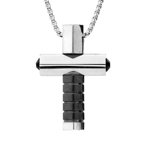 COLLIER ACIER PENDENTIF CROIX PVD NOIR 50+5CM