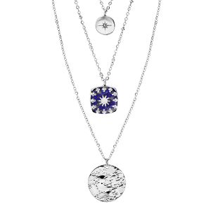 COLLIER ACIER 3 RANGS 2 PENDENTIFS RONDS ET 1 CARRÉ BLEU 38+5CM