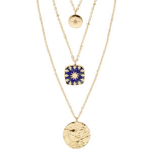 COLLIER ACIER ET PVD DORÉ 2 RANGS PENDENTIFS RONDS ET 1 CARRÉ BLEU 38+5CM