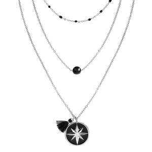 COLLIER ACIER 3 RANGS BOULES RÉSINE NOIRES ET PENDENTIF ROND NOIRE ETOILE ET POMPON 38+5CM