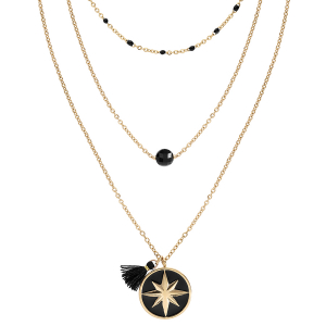 COLLIER ACIER ET PVD DORÉ 3 RANGS BOULES RÉSINE ET PENDENTIF NOIR ETOILE ET POMPON 38+5CM