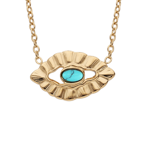 COLLIER ACIER ET PVD JAUNE  PIERRE TURQUOISE IMITATION 42+2CM