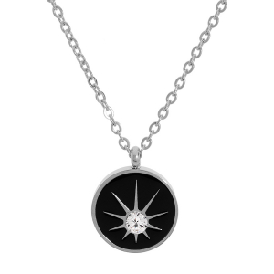 COLLIER ACIER PENDENTIF ROND RÉSINE NOIRE ET 1 OXYDE BLANC  38+7CM