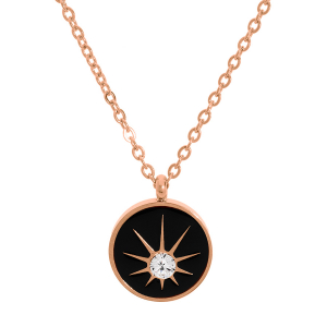 COLLIER ACIER ET PVD ROSE PENDENTIF ROND RÉSINE NOIRE ET 1 OXYDE BLANC  38+7CM