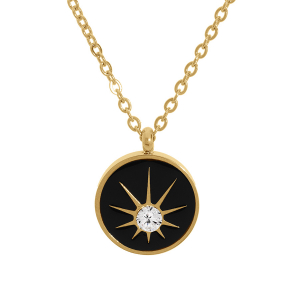 COLLIER ACIER DORÉ PENDENTIF ROND RÉSINE NOIRE ET 1 OXYDE BLANC  38+7CM