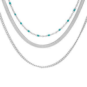 COLLIER ACIER 3 RANGS AVEC BOULES TURQUOISE IMITATION 42+4CM