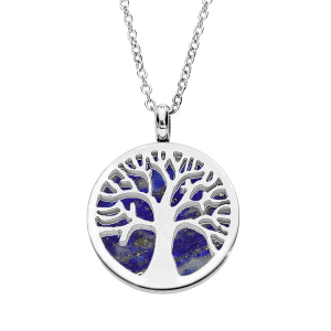 COLLIER ACIER PENDENTIF CERCLE PIERRE LAPIS LAZULI VÉRITABLE AVEC ARBRE DE VIE 38+7CM