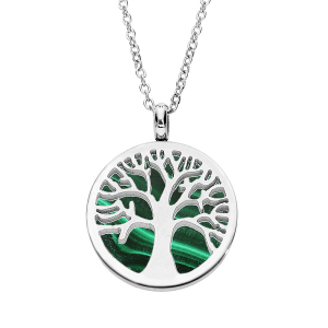 COLLIER ACIER PENDENTIF CERCLE PIERRE MALACHITE VÉRITABLE AVEC ARBRE DE VIE 38+7CM