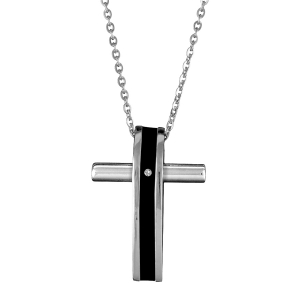 COLLIER ACIER CHAINETTE PENDENTIF CROIX dim 33x22 mm  AVEC NOIR PIERRE BLANCHE SYNTHETIQUE 50+5CM