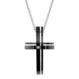 COLLIER ACIER CHAINETTE PENDENTIF CROIX PVD NOIR 50+5CM